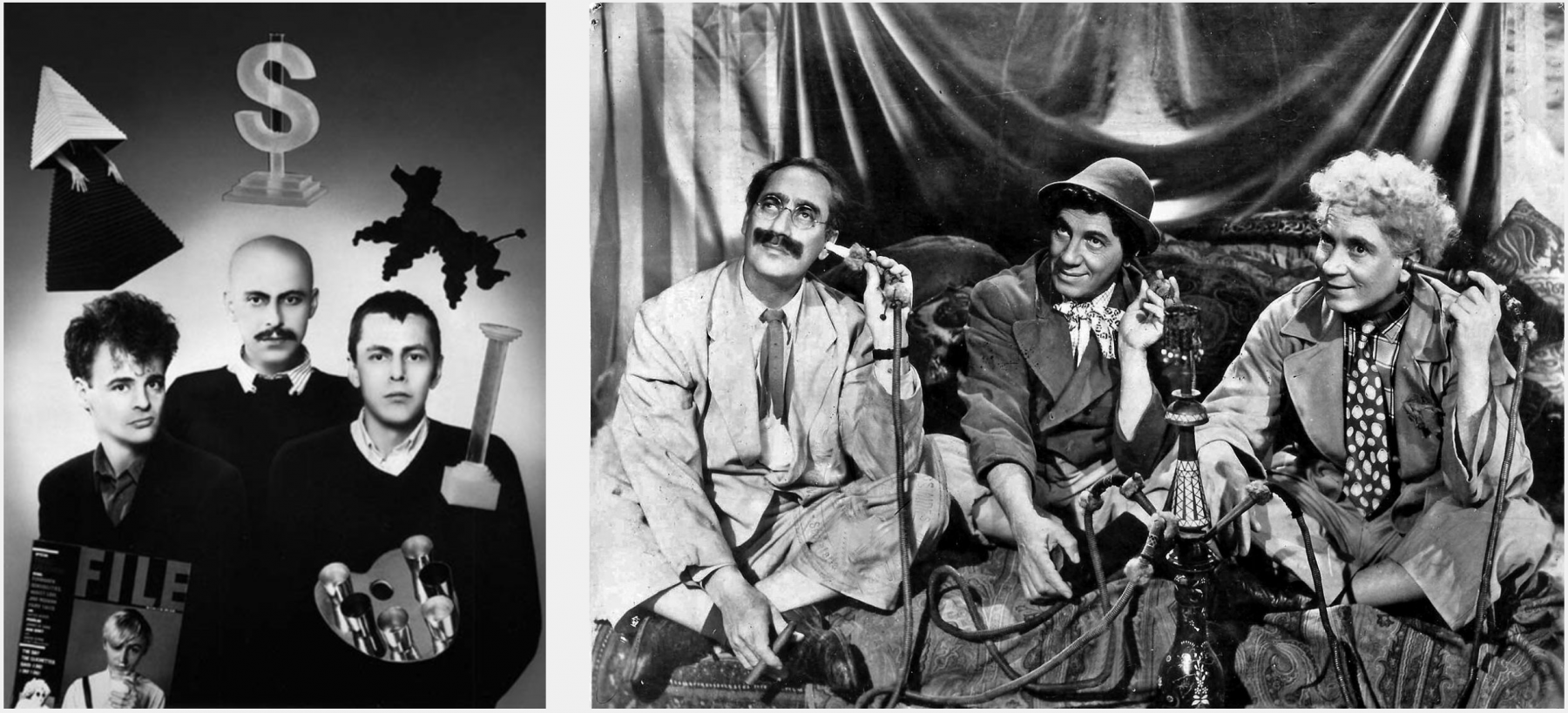 Left: GENERAL IDEA, Self-portrait with Objects (1982)

Right: Publicity photo of the Marx Brothers in 1946 (Creative Commons)